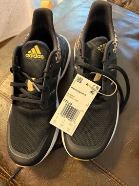 adidas Black & Gold Kids' Running Sneakers with Leopard Accent